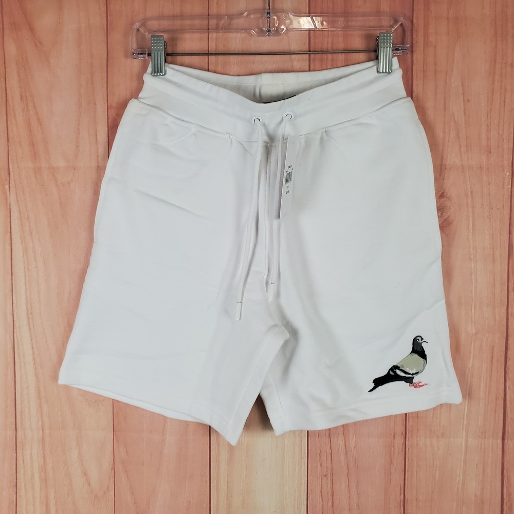Staple Mens Sweat Shorts Sz XS White Embroidered Pigeon Drawstring Elastic Waist